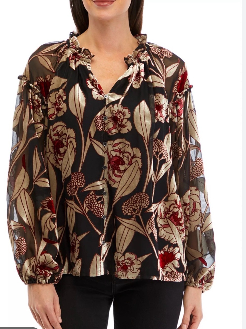 CUPIO Sheer Black Velvet Floral Blouse size small